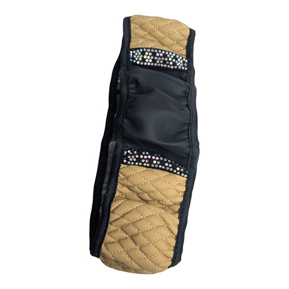 Black & Beige Faux Leather Bling Rhinestone Steering Wheel Cover 14.6"-15" New - Picture 5 of 7